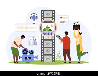 Application mobile de logiciel d'édition de contenu vidéo. Les petites personnes montent des séquences de film avec un éditeur de studio professionnel, les créateurs regardant le cadre à travers la loupe pour créer une illustration vectorielle de dessin animé de film Illustration de Vecteur