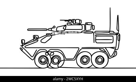 Dessin en ligne continu du réservoir. Une ligne d'art militaire, véhicule blindé de transport de troupes, véhicule de combat d'infanterie. Illustration de Vecteur