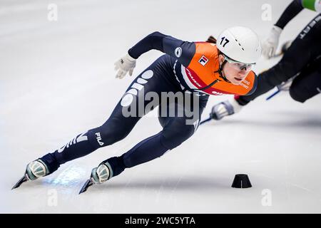 Gdansk, Pologne. 14 janvier 2024. GDANSK, POLOGNE - 14 JANVIER : Selma Poutsma des pays-Bas en compétition sur le 1500m féminin lors des Championnats d'Europe ISU de patinage de vitesse sur courte piste à Hala Olivia le 14 janvier 2024 à Gdansk, Pologne. (Photo Andre Weening/Orange Pictures) crédit : dpa/Alamy Live News Banque D'Images