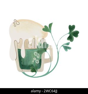 Une tasse en verre de bière verte avec de la mousse haute est enchevêtrée avec du trèfle shamrock. Bière. Symbole de l'Irlande. St Patrick's Day. Illustration d'aquarelle isolée Banque D'Images