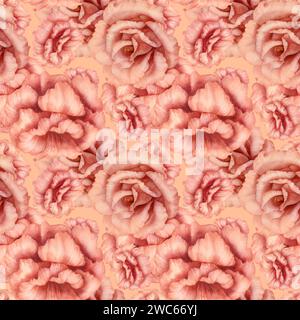 Motif sans couture rose aquarelle avec des fleurs d'eustoma, en couleur fuzz pêche tendance pour la Saint-Valentin, mariage, papier d'emballage, scrapbooking, tissu, Banque D'Images