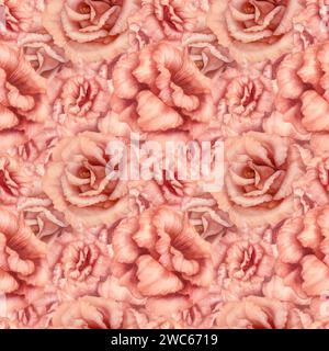Motif sans couture rose aquarelle avec des fleurs d'eustoma, en couleur fuzz pêche tendance pour la Saint-Valentin, mariage, papier d'emballage, scrapbooking, tissu, Banque D'Images