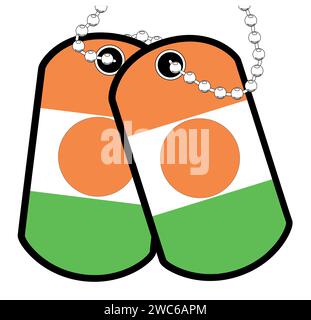 Une paire d'étiquettes de chien militaire du Niger avec chaîne sur un fond blanc montrant le drapeau national du Niger Illustration de Vecteur