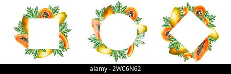 Ensemble de marqueurs de cadres, logos et modèles avec tranche mûre douce de papaye avec des grains, des feuilles tropicales, monstera dans le style aquarelle. realis dessiné à la main Banque D'Images