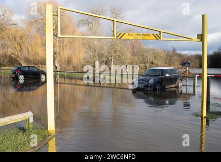 Wallingford, Oxfordshire, Royaume-Uni. 14 janvier 2024. La Tamise à Wallingford, Oxfordshire, a éclaté cette semaine et inondé le parking Riverside. Certaines voitures ont été totalement submergées dans les eaux de crue. Un polo mini et VW attendent la récupération. Crédit : Maureen McLean/Alamy Live News Banque D'Images