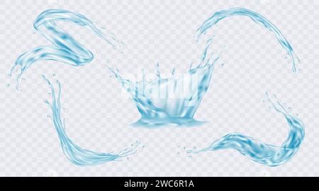 Éclaboussures d'eau. onde blanche 3d, gouttes bleues isolées sur la surface, côtés de tourbillon transparents réalistes. Aqua tombant avec des gouttelettes en mouvement. Liquide pur et propre. Boissons et boisson, vecteur 3D. Illustration de Vecteur