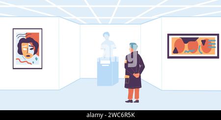 Les gens dans la galerie. Visiteur de dessin animé de l'exposition du musée d'art moderne. Touriste regardant des expositions de peinture et des sculptures. Homme appréciant de regarder des pièces d'art. Vue de derrière. Illustration vectorielle Illustration de Vecteur