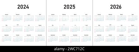 Calendrier 2024, calendrier 2025, calendrier 2026 semaine début dimanche modèle de planificateur de conception d'entreprise Illustration de Vecteur
