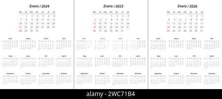 Calendrier 2024, calendrier 2025, calendrier 2026 sur la semaine de langue espagnole début dimanche modèle de planificateur de conception d'entreprise Illustration de Vecteur
