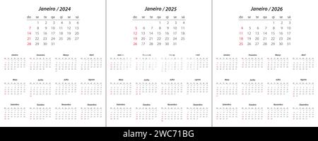 Calendrier 2024, calendrier 2025, calendrier 2026 sur la semaine de langue portugaise début dimanche modèle de planificateur de conception d'entreprise Illustration de Vecteur