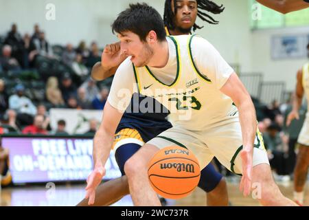 Syracuse, NY, États-Unis. 13 janvier 2024. L'attaquant des Dolphins du Moyne Luke Sutherland (23) atteint un ballon lâche contre les Warriors de Merrimack lors de la première mi-temps le samedi 13 janvier 2024 à Ted Grant court à Syracuse, NY. Merrimack a gagné 66-62. Rich Barnes/CSM/Alamy Live News Banque D'Images