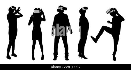 Silhouettes de personnes dans un casque de réalité virtuelle. Illustration de Vecteur