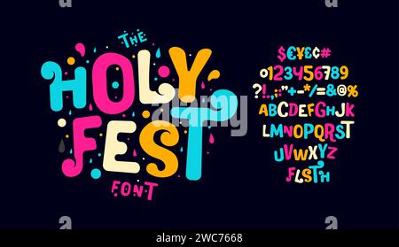 Alphabet vibrant Holi Festival, lettres animées et colorées, police joyeuse d'événement pour des invitations animées, titre énergique, typographie ludique pour Illustration de Vecteur