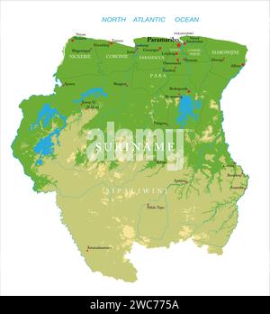 Carte physique très détaillée du Suriname, en format vectoriel, avec toutes les formes de relief, les régions et les grandes villes. Illustration de Vecteur