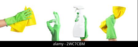 Mains tenant l'essuie-glace de nettoyage, chiffon en microfibre, plumeau, flacon pulvérisateur, détergent, geste ok isolé sur le plateau blanc Banque D'Images