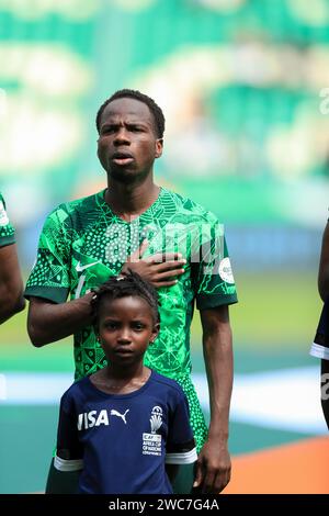 Abidjan, Nigeria. 14 Jan 2024. Nigeria vs Guinée équatoriale. Coupe d'Afrique des Nations AFCON 2023. Alhassan Yusuf. Victor Modo Banque D'Images