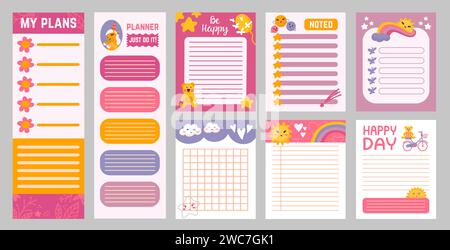 Planificateurs enfantins. Pour faire des listes design mignon, modèle de papier notes de style scandinave. Bloc-notes pages vides avec des éléments de dessin animé, ensemble de vecteurs néotériques Illustration de Vecteur