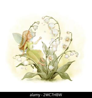 Mignon Fairy Lily de la Vallée Fairy Illustration. Garden Magic Fairy Tale clip Art. Fairy Garden Illustration Green White Girl nursery Decor Banque D'Images