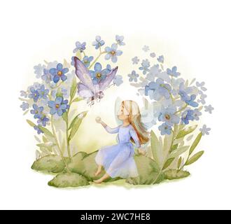 Mignon jardin Fairy Aquarelle Clipart. Oublie-moi pas Flower Fairy Illustration. Imprimé fée pour pépinière. Oubliez-moi pas Aquarelle Wall Art Banque D'Images