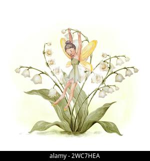 Lily of the Valley Fairy Aquarelle nursery Print. Mignon Fairy Lily de la Vallée Fairy Illustration. Décoration de nursery pour fille à fleurs blanches vertes Banque D'Images