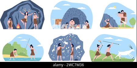 Scènes de vie préhistoriques. Amis et familles de caveman plat. Homo sapiens de Néandertal, chasseurs, personnages masculins et féminins. Jeu de vecteurs ancien récent Illustration de Vecteur