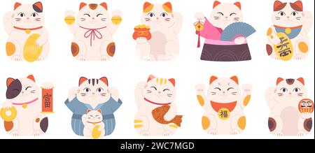 Chats neko japonais isolés. Chat maneki traditionnel ou symboles orientaux chanceux. Bonne chance, symbole asiatique de richesse. Ensemble de vecteur racé de dessin animé mignon Illustration de Vecteur