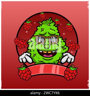 Saveur de framboises avec Weed Mascot Cartoon. Weed Design pour logo, étiquette et produit d'emballage. Vector et Illustration. Illustration de Vecteur