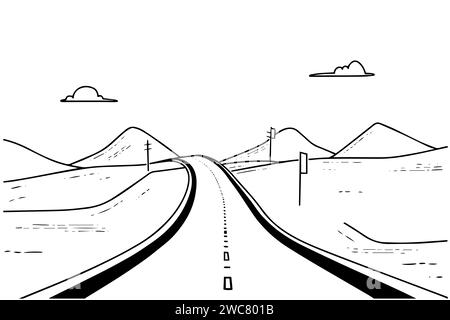 Route du désert dessin à l'encre dessiné à la main paysage routier. Illustration vectorielle de style gravé. Illustration de Vecteur