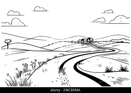 Route du désert dessin à l'encre dessiné à la main paysage routier. Illustration vectorielle de style gravé. Illustration de Vecteur