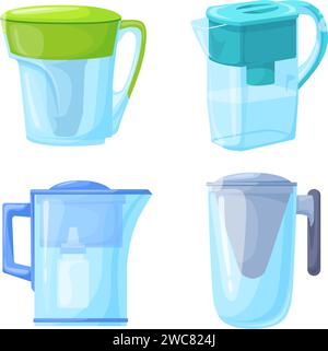 Verseuse à filtre à eau. Filtres de pichet avec biocarbone actif, décanteur en verre de santé pour verser du liquide propre filtré dans la cuisine à la maison, purification aqua illustration vectorielle soignée de l'équipement de pichet Illustration de Vecteur