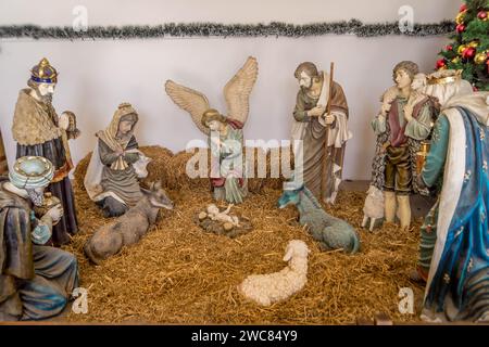 La crèche et la scène de la Nativité à l'église de la Nativité, lieu de naissance de Jésus-Christ, à Bethléem City, Cisjordanie, Palestine. Banque D'Images