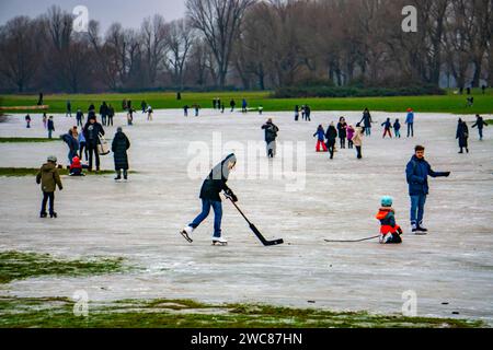 Die Rheinwiesen BEI Düsseldorf-Niederkassel, Eisflächen nach Hochwasser, durch aufgestiegenes Grundwasser hinter dem Rheindeich, Wintervergnügen, Eislaufen, NRW, Deutschland, gefrorene Rheinwiesen *** les prairies du Rhin près de Düsseldorf Niederkassel, patinoire après les inondations, en raison de la montée des eaux souterraines derrière la digue du Rhin, amusement hivernal, patinage sur glace, NRW, Allemagne, prairies rhénanes gelées Banque D'Images