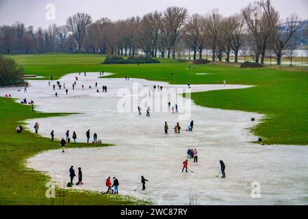 Die Rheinwiesen BEI Düsseldorf-Niederkassel, Eisflächen nach Hochwasser, durch aufgestiegenes Grundwasser hinter dem Rheindeich, Wintervergnügen, Eislaufen, NRW, Deutschland, gefrorene Rheinwiesen *** les prairies du Rhin près de Düsseldorf Niederkassel, patinoire après les inondations, en raison de la montée des eaux souterraines derrière la digue du Rhin, amusement hivernal, patinage sur glace, NRW, Allemagne, prairies rhénanes gelées Banque D'Images