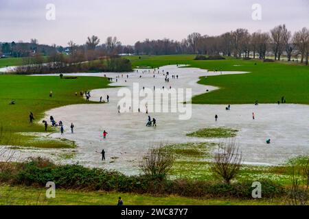 Die Rheinwiesen BEI Düsseldorf-Niederkassel, Eisflächen nach Hochwasser, durch aufgestiegenes Grundwasser hinter dem Rheindeich, Wintervergnügen, Eislaufen, NRW, Deutschland, gefrorene Rheinwiesen *** les prairies du Rhin près de Düsseldorf Niederkassel, patinoire après les inondations, en raison de la montée des eaux souterraines derrière la digue du Rhin, amusement hivernal, patinage sur glace, NRW, Allemagne, prairies rhénanes gelées Banque D'Images