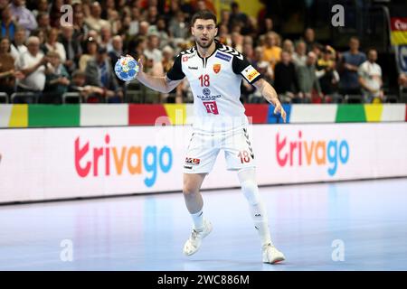 Berlin, Allemagne. 14 janvier 2024. Filip Kuzmanovski de Macédoine lors de l'Euro 2024 de l'EHF masculin, match de handball du Groupe A entre la Macédoine du Nord et l'Allemagne le 14 janvier 2024 à Mercedes-Benz Arena à Berlin, Allemagne - photo Piotr Matusewicz/DPPI crédit : DPPI Media/Alamy Live News Banque D'Images