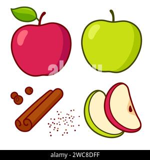 Ensemble d'ingrédients pour tarte aux pommes. Tranches de pommes vertes et rouges, bâtonnet de cannelle et épices. Illustration vectorielle de dessin animé isolé. Illustration de Vecteur