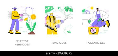 Traitement des cultures ensemble d'illustrations vectorielles de dessin animé isolé. Utilisation sélective d'herbicides, agriculteur dans l'usure protectrice pulvérisant des plantes avec des fongicides, rodenticides pour caricature vecteur de lutte antiparasitaire. Illustration de Vecteur