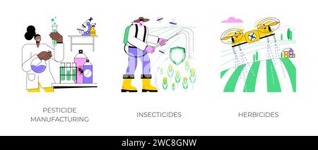 Utilisation de pesticides ensemble d'illustrations vectorielles de dessins animés isolés. Fabrication d'engrais chimiques en laboratoire, agriculteur pulvérisant des insecticides, tuez les plantes indésirables avec des dessins animés de vecteur d'herbicides. Illustration de Vecteur