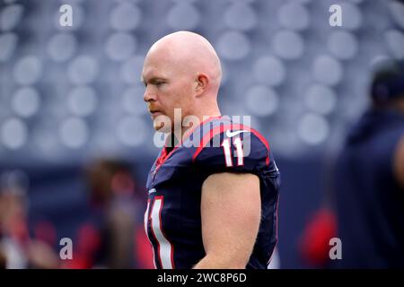 Houston, Texas, États-Unis. 13 janvier 2024. Cameron Johnston (11), le joueur des Texans de Houston, avant le match des Wild Card Playoff de l'AFC entre les Texans de Houston et les Browns de Cleveland au NRG Stadium de Houston, Texas, le 13 janvier 2024. Houston a gagné, 45-14, pour avancer dans les séries éliminatoires de l'AFC. (Image de crédit : © Erik Williams/ZUMA Press Wire) USAGE ÉDITORIAL SEULEMENT! Non destiné à UN USAGE commercial ! Banque D'Images