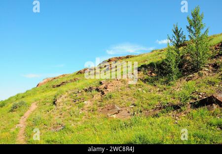 Un chemin étroit suit des rangées de formations rocheuses au sommet d'une haute colline avec quelques jeunes pins sous un ciel nuageux d'été. Coffres de la chaîne de montagnes, Khak Banque D'Images