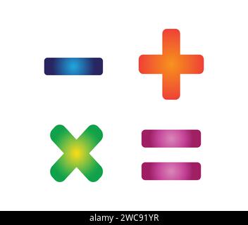 Symboles de calcul arithmétique mathématiques amusants colorés. Moins, plus, égale et multiplie. Bouton logo autocollant isolé éditable. Illustration de Vecteur