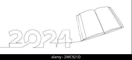 Une ligne continue de Livre avec le numéro 2024. Concept de vecteur d'illustration de ligne mince. Dessin de contour idées créatives. Illustration de Vecteur