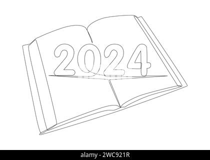 Une ligne continue de Livre avec le numéro 2024. Concept de vecteur d'illustration de ligne mince. Dessin de contour idées créatives. Illustration de Vecteur