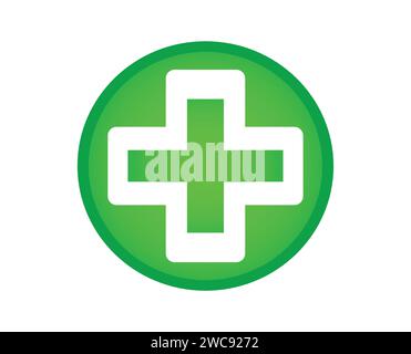 Vert santé médicale première croix de soins plus bouton symbole icône logo autocollant isolé modifiable Illustration de Vecteur