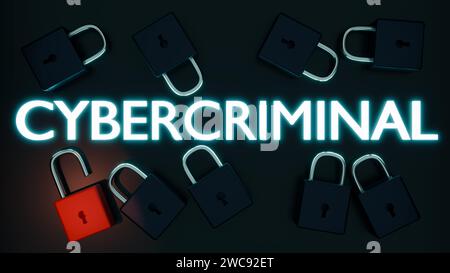 le rendu 3d d'un cadenas rouge se distingue par rapport à une rangée de cadenas noirs fermés Banque D'Images