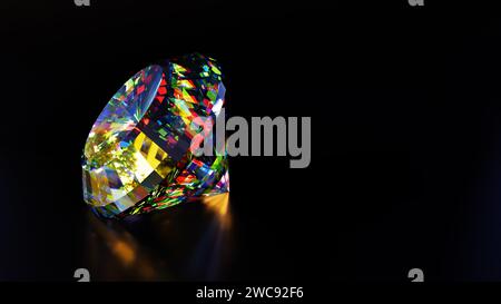 Rendu 3D de diamants ronds et en forme de poire sur une nuance profonde de fond noir. Banque D'Images