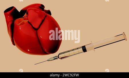 3d rendant le cœur et la seringue médicale ou connu sous le nom d'injection intracardiaque Banque D'Images