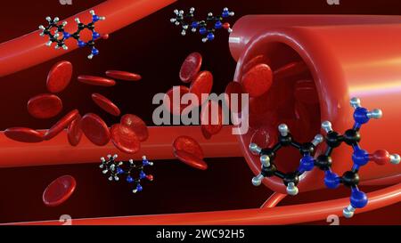 Rendu 3d des molécules de Minoxidil dans le vaisseau sanguin. l'action du minoxidil de détendre les vaisseaux sanguins facilite la circulation sanguine. Banque D'Images
