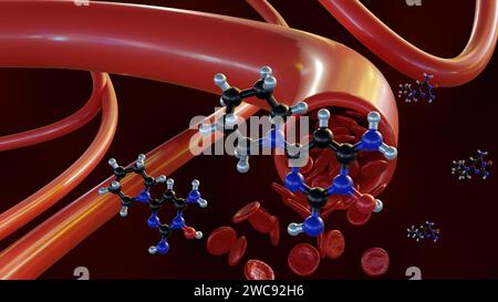 Rendu 3d des molécules de Minoxidil dans le vaisseau sanguin. l'action du minoxidil de détendre les vaisseaux sanguins facilite la circulation sanguine. Banque D'Images
