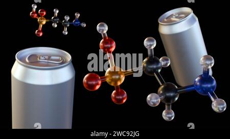 Rendu 3d des molécules de taurine et des boîtes d'étain de boisson énergétique sans marque, la taurine est un ingrédient commun dans les boissons énergétiques. Banque D'Images